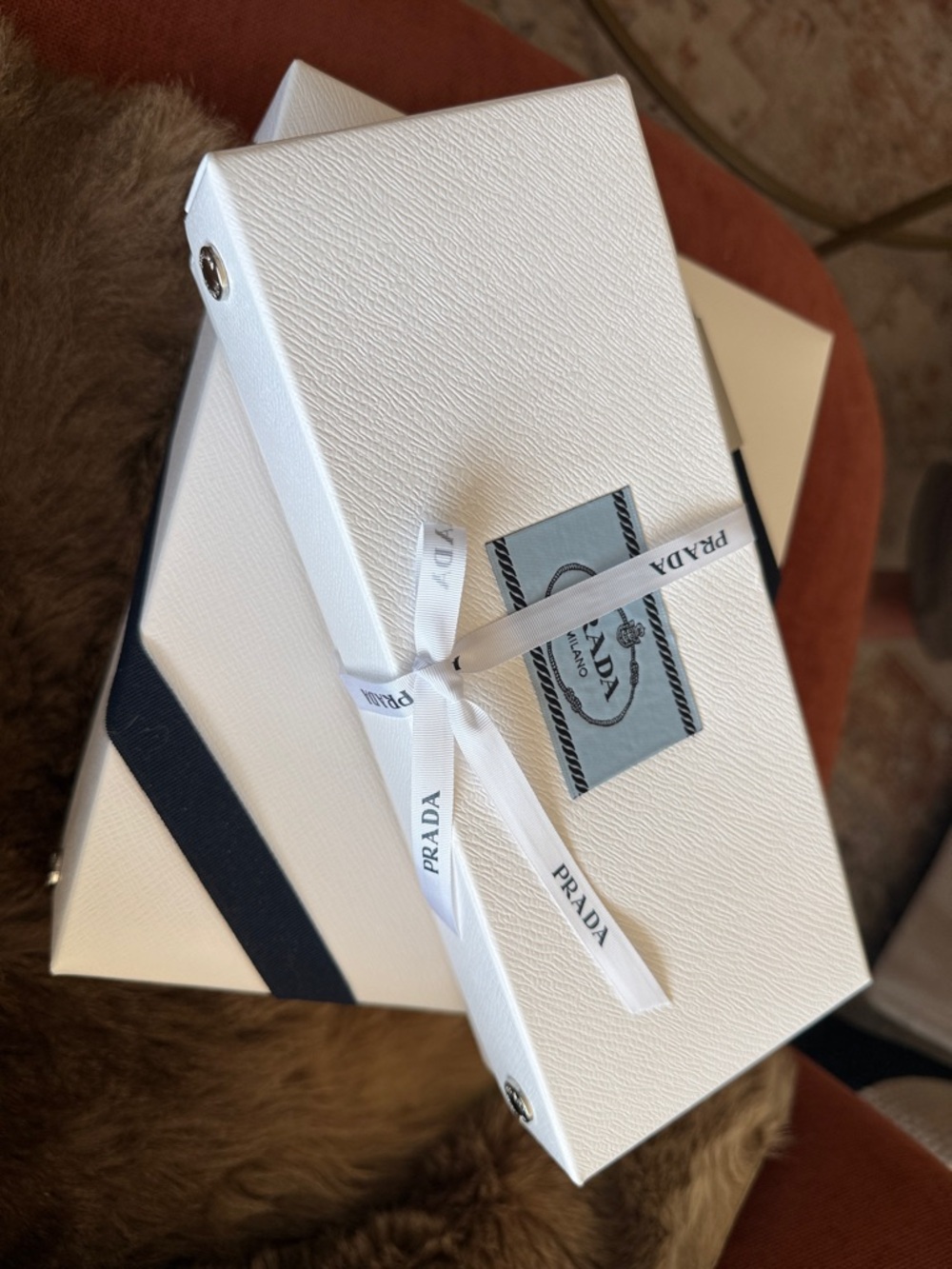 Prada White Textured Gift Box with Branded Ribbon and Navy Accent